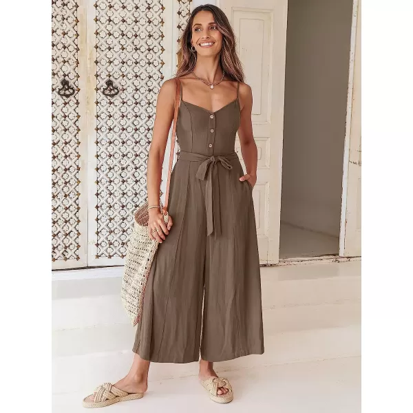 imageANRABESS Womens Summer Spaghetti Straps V Neck Smocked Wide Leg Jumpsuits Rompers With BeltCoffee