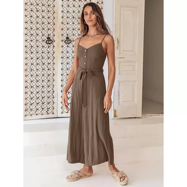 imageANRABESS Womens Summer Spaghetti Straps V Neck Smocked Wide Leg Jumpsuits Rompers With BeltCoffee