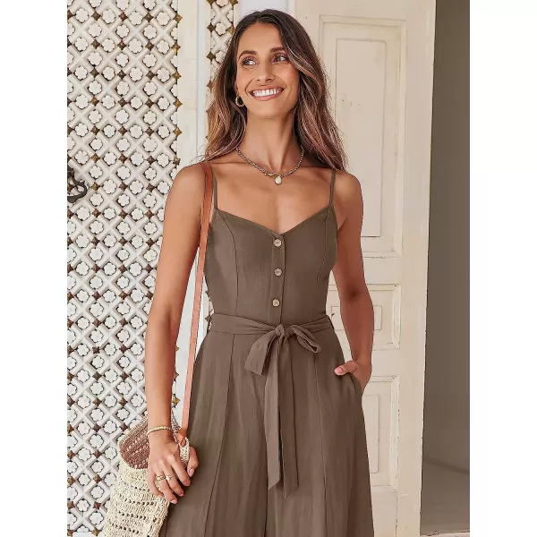 imageANRABESS Womens Summer Spaghetti Straps V Neck Smocked Wide Leg Jumpsuits Rompers With BeltCoffee