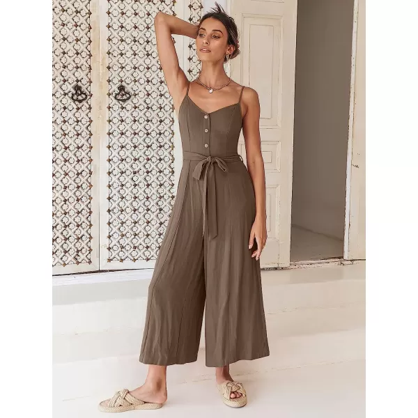 imageANRABESS Womens Summer Spaghetti Straps V Neck Smocked Wide Leg Jumpsuits Rompers With BeltCoffee
