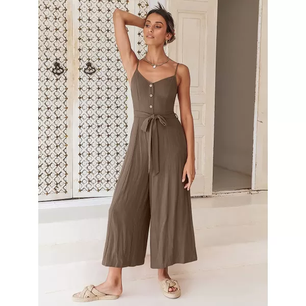 imageANRABESS Womens Summer Spaghetti Straps V Neck Smocked Wide Leg Jumpsuits Rompers With BeltCoffee