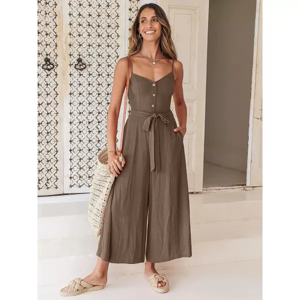imageANRABESS Womens Summer Spaghetti Straps V Neck Smocked Wide Leg Jumpsuits Rompers With BeltCoffee