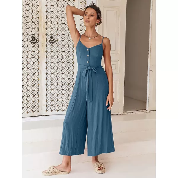 imageANRABESS Womens Summer Spaghetti Straps V Neck Smocked Wide Leg Jumpsuits Rompers With BeltCyan Blue