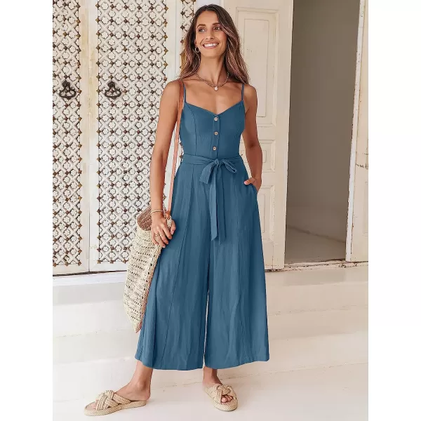 imageANRABESS Womens Summer Spaghetti Straps V Neck Smocked Wide Leg Jumpsuits Rompers With BeltCyan Blue