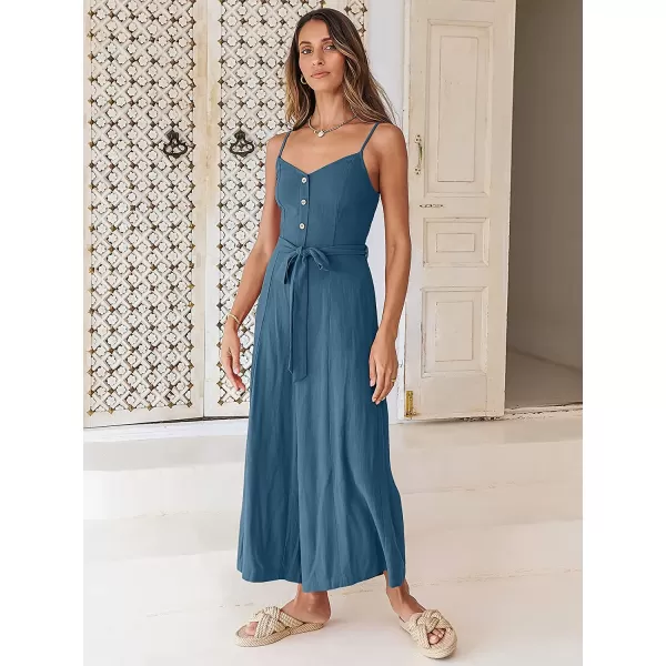 imageANRABESS Womens Summer Spaghetti Straps V Neck Smocked Wide Leg Jumpsuits Rompers With BeltCyan Blue