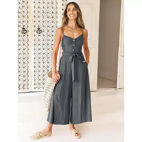 imageANRABESS Womens Summer Spaghetti Straps V Neck Smocked Wide Leg Jumpsuits Rompers With BeltDark Grey