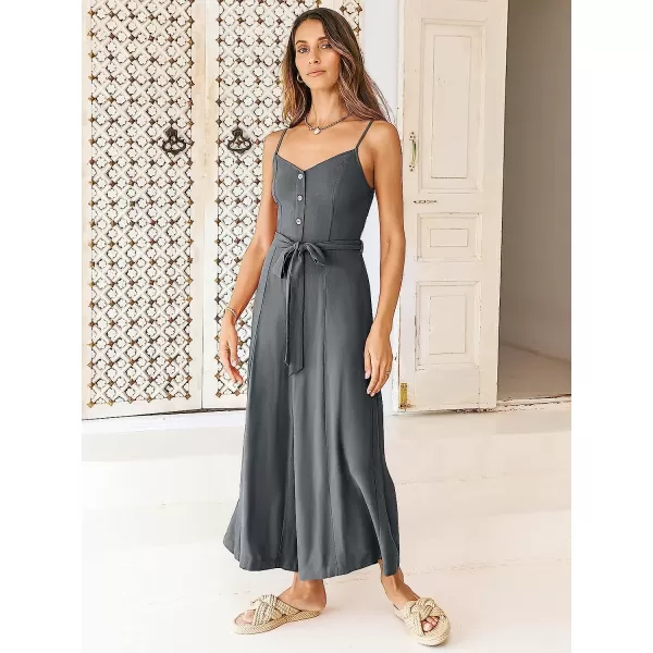 imageANRABESS Womens Summer Spaghetti Straps V Neck Smocked Wide Leg Jumpsuits Rompers With BeltDark Grey