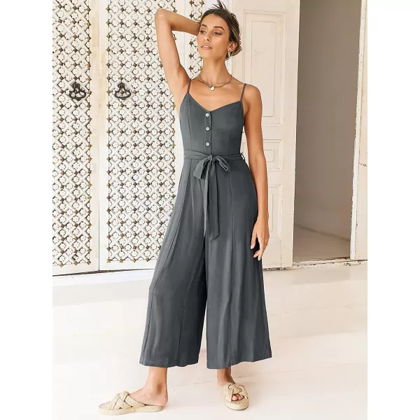 imageANRABESS Womens Summer Spaghetti Straps V Neck Smocked Wide Leg Jumpsuits Rompers With BeltDark Grey