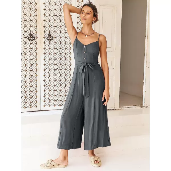 imageANRABESS Womens Summer Spaghetti Straps V Neck Smocked Wide Leg Jumpsuits Rompers With BeltDark Grey