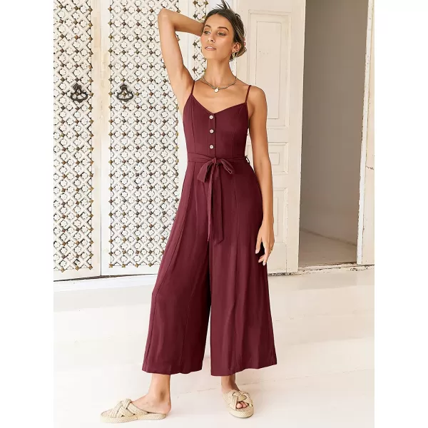 imageANRABESS Womens Summer Spaghetti Straps V Neck Smocked Wide Leg Jumpsuits Rompers With BeltDeep Red