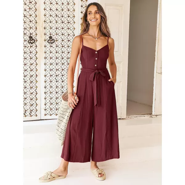 imageANRABESS Womens Summer Spaghetti Straps V Neck Smocked Wide Leg Jumpsuits Rompers With BeltDeep Red