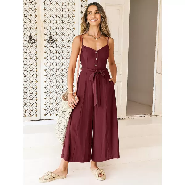 imageANRABESS Womens Summer Spaghetti Straps V Neck Smocked Wide Leg Jumpsuits Rompers With BeltDeep Red