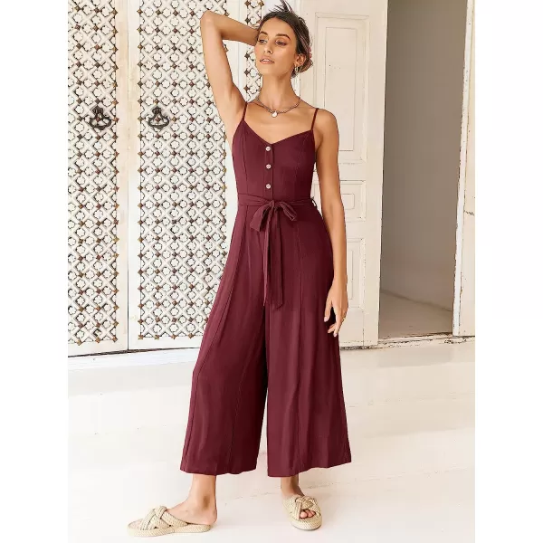 imageANRABESS Womens Summer Spaghetti Straps V Neck Smocked Wide Leg Jumpsuits Rompers With BeltDeep Red