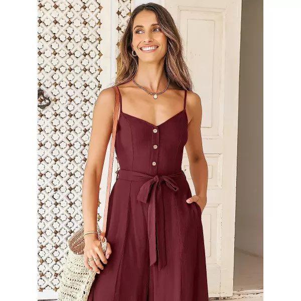 imageANRABESS Womens Summer Spaghetti Straps V Neck Smocked Wide Leg Jumpsuits Rompers With BeltDeep Red