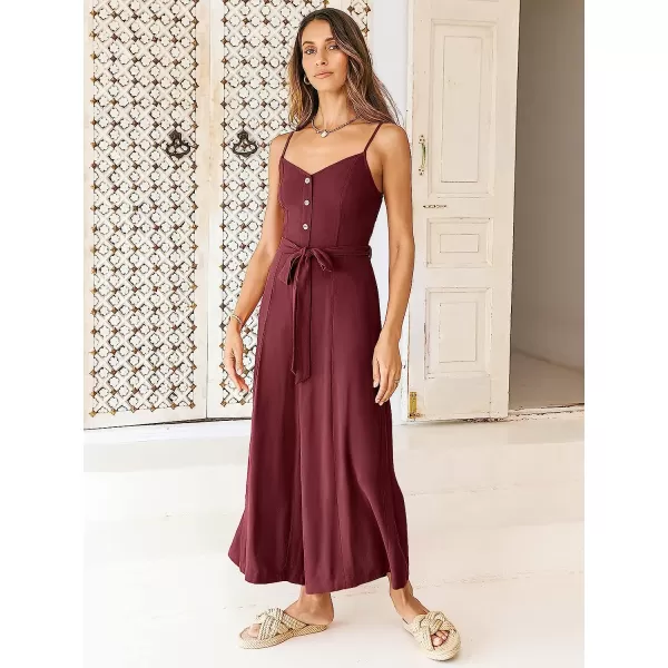 imageANRABESS Womens Summer Spaghetti Straps V Neck Smocked Wide Leg Jumpsuits Rompers With BeltDeep Red