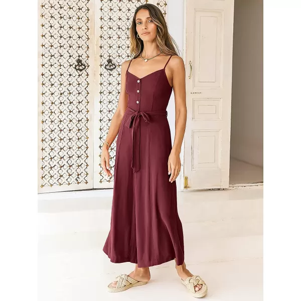 imageANRABESS Womens Summer Spaghetti Straps V Neck Smocked Wide Leg Jumpsuits Rompers With BeltDeep Red