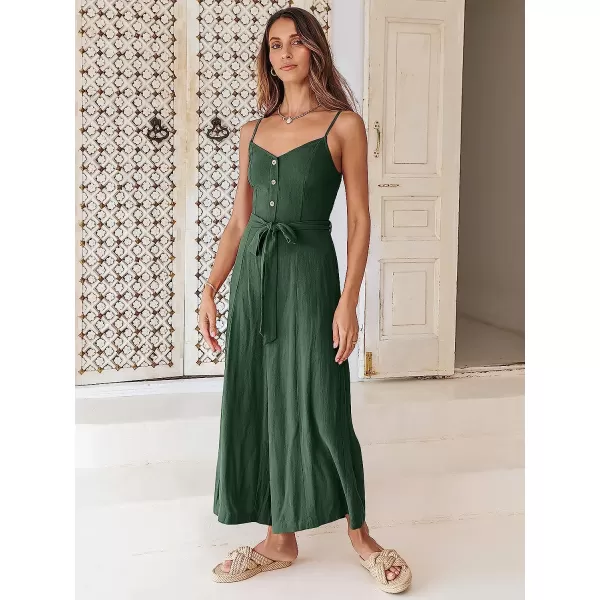 imageANRABESS Womens Summer Spaghetti Straps V Neck Smocked Wide Leg Jumpsuits Rompers With BeltGreen