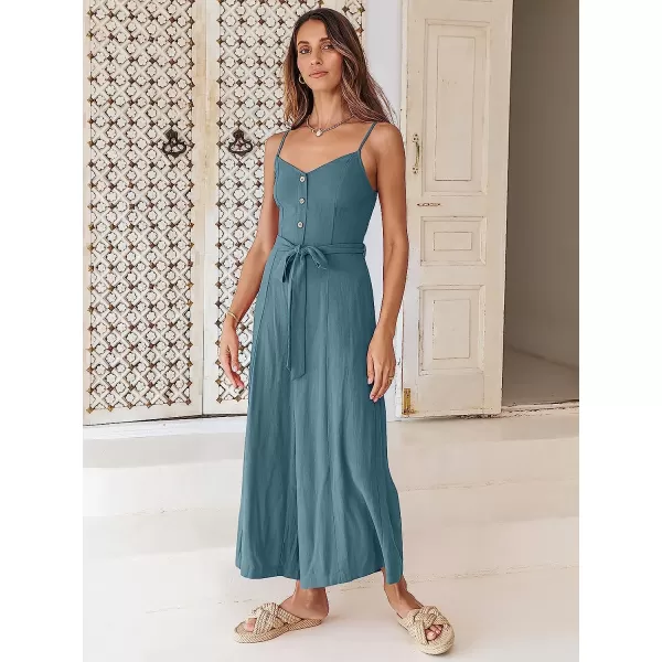 imageANRABESS Womens Summer Spaghetti Straps V Neck Smocked Wide Leg Jumpsuits Rompers With BeltLake
