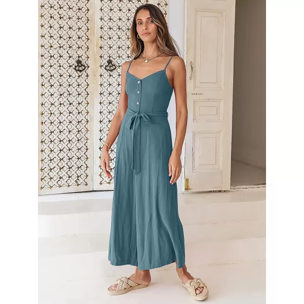 imageANRABESS Womens Summer Spaghetti Straps V Neck Smocked Wide Leg Jumpsuits Rompers With BeltLake