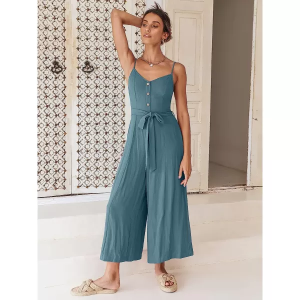 imageANRABESS Womens Summer Spaghetti Straps V Neck Smocked Wide Leg Jumpsuits Rompers With BeltLake