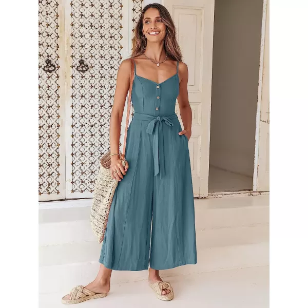 imageANRABESS Womens Summer Spaghetti Straps V Neck Smocked Wide Leg Jumpsuits Rompers With BeltLake