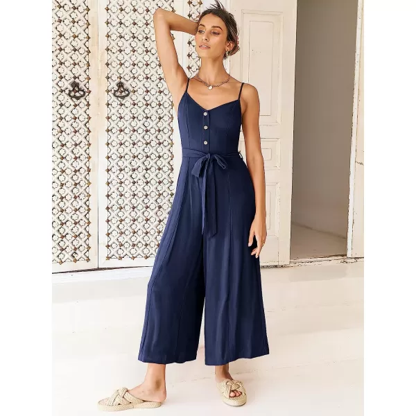 imageANRABESS Womens Summer Spaghetti Straps V Neck Smocked Wide Leg Jumpsuits Rompers With BeltNavy Blue
