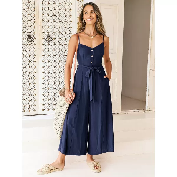 imageANRABESS Womens Summer Spaghetti Straps V Neck Smocked Wide Leg Jumpsuits Rompers With BeltNavy Blue