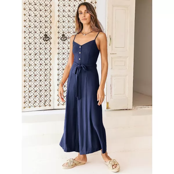 imageANRABESS Womens Summer Spaghetti Straps V Neck Smocked Wide Leg Jumpsuits Rompers With BeltNavy Blue