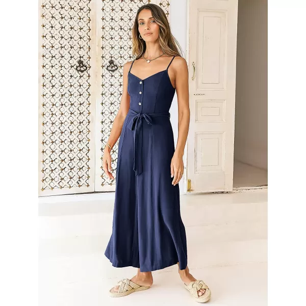 imageANRABESS Womens Summer Spaghetti Straps V Neck Smocked Wide Leg Jumpsuits Rompers With BeltNavy Blue