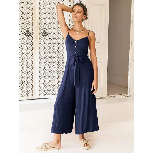 imageANRABESS Womens Summer Spaghetti Straps V Neck Smocked Wide Leg Jumpsuits Rompers With BeltNavy Blue