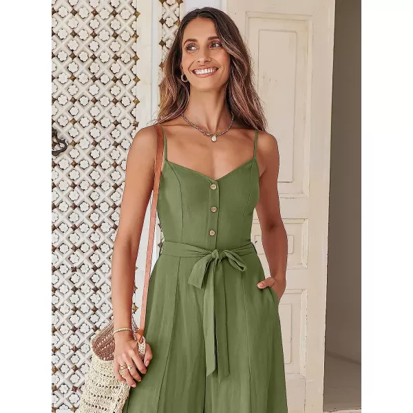 imageANRABESS Womens Summer Spaghetti Straps V Neck Smocked Wide Leg Jumpsuits Rompers With BeltOlive