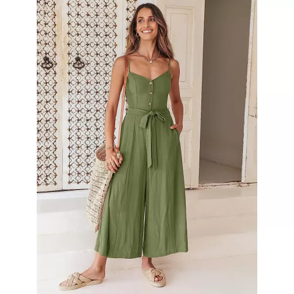 imageANRABESS Womens Summer Spaghetti Straps V Neck Smocked Wide Leg Jumpsuits Rompers With BeltOlive