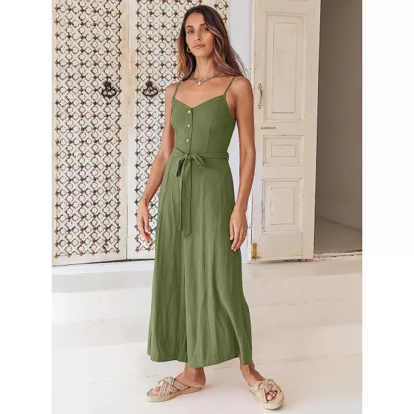 imageANRABESS Womens Summer Spaghetti Straps V Neck Smocked Wide Leg Jumpsuits Rompers With BeltOlive