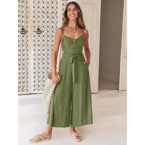 imageANRABESS Womens Summer Spaghetti Straps V Neck Smocked Wide Leg Jumpsuits Rompers With BeltOlive