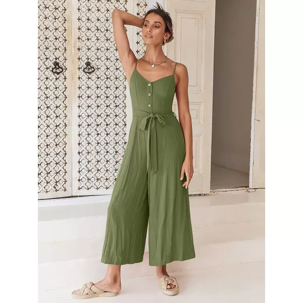imageANRABESS Womens Summer Spaghetti Straps V Neck Smocked Wide Leg Jumpsuits Rompers With BeltOlive