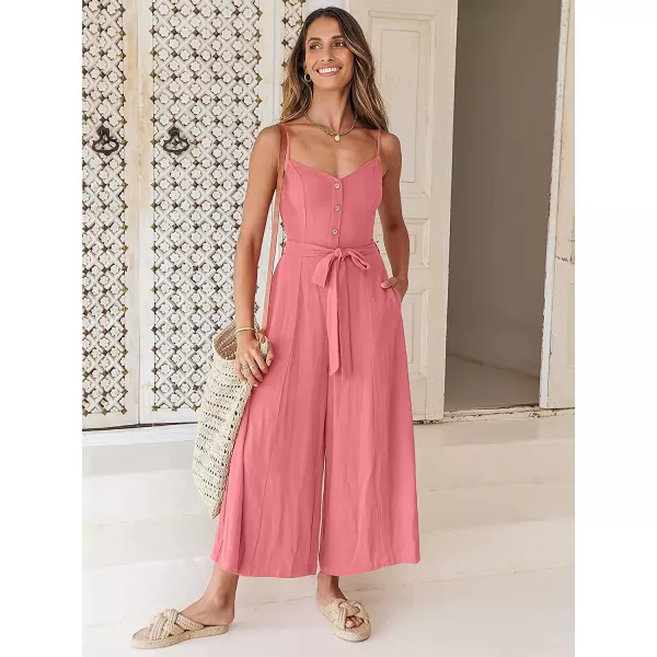 imageANRABESS Womens Summer Spaghetti Straps V Neck Smocked Wide Leg Jumpsuits Rompers With BeltPeach