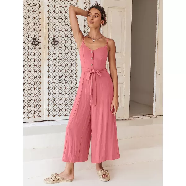 imageANRABESS Womens Summer Spaghetti Straps V Neck Smocked Wide Leg Jumpsuits Rompers With BeltPeach