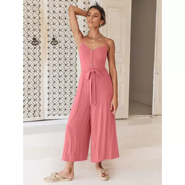 imageANRABESS Womens Summer Spaghetti Straps V Neck Smocked Wide Leg Jumpsuits Rompers With BeltPeach
