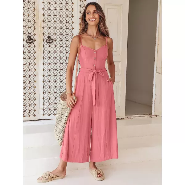 imageANRABESS Womens Summer Spaghetti Straps V Neck Smocked Wide Leg Jumpsuits Rompers With BeltPeach