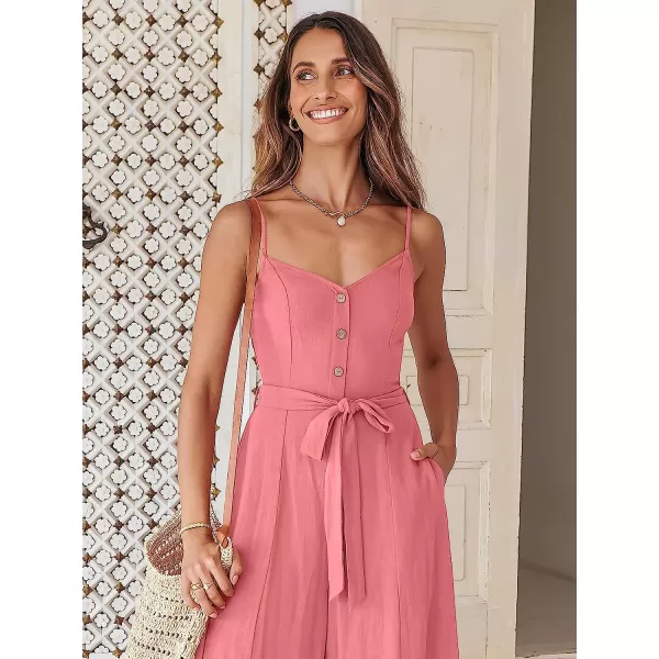 imageANRABESS Womens Summer Spaghetti Straps V Neck Smocked Wide Leg Jumpsuits Rompers With BeltPeach