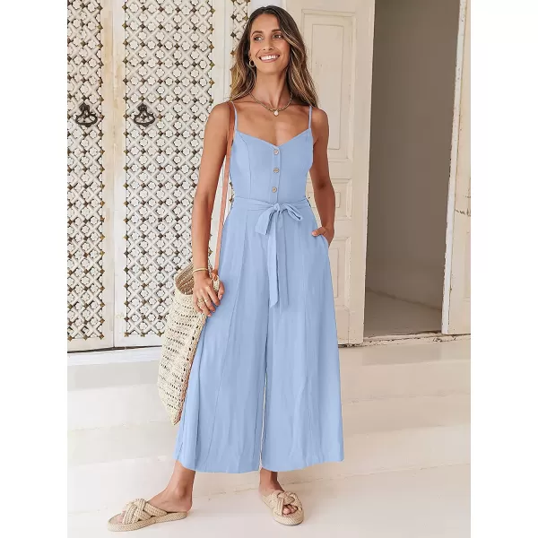 imageANRABESS Womens Summer Spaghetti Straps V Neck Smocked Wide Leg Jumpsuits Rompers With BeltSky