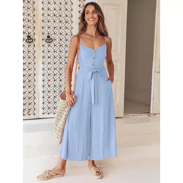 imageANRABESS Womens Summer Spaghetti Straps V Neck Smocked Wide Leg Jumpsuits Rompers With BeltSky