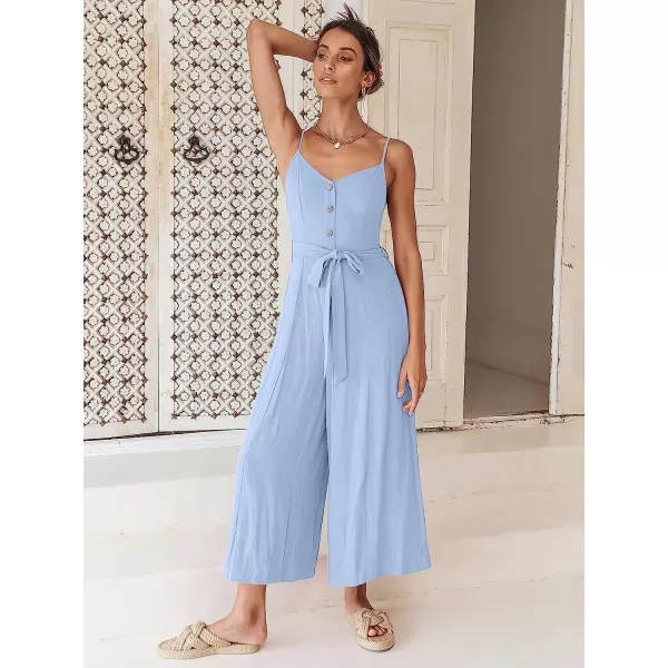 imageANRABESS Womens Summer Spaghetti Straps V Neck Smocked Wide Leg Jumpsuits Rompers With BeltSky