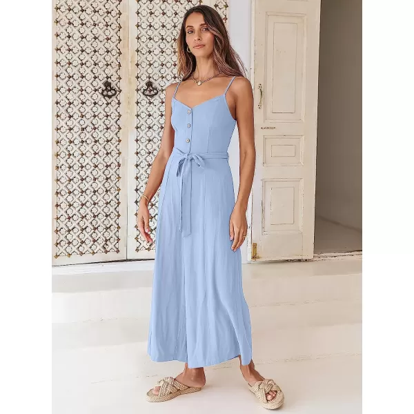 imageANRABESS Womens Summer Spaghetti Straps V Neck Smocked Wide Leg Jumpsuits Rompers With BeltSky