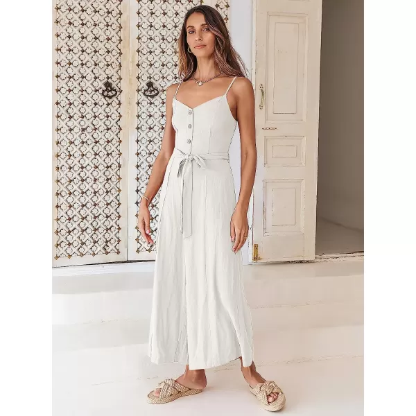 imageANRABESS Womens Summer Spaghetti Straps V Neck Smocked Wide Leg Jumpsuits Rompers With BeltWhite