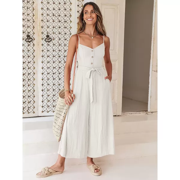 imageANRABESS Womens Summer Spaghetti Straps V Neck Smocked Wide Leg Jumpsuits Rompers With BeltWhite