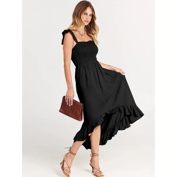 imageANRABESS Womens Summer Square Neck Strap Ruffle Sleeve Maxi Dress Smocked High Low Hem Flowy Beach Sundress with Pockets01black