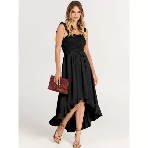 imageANRABESS Womens Summer Square Neck Strap Ruffle Sleeve Maxi Dress Smocked High Low Hem Flowy Beach Sundress with Pockets01black