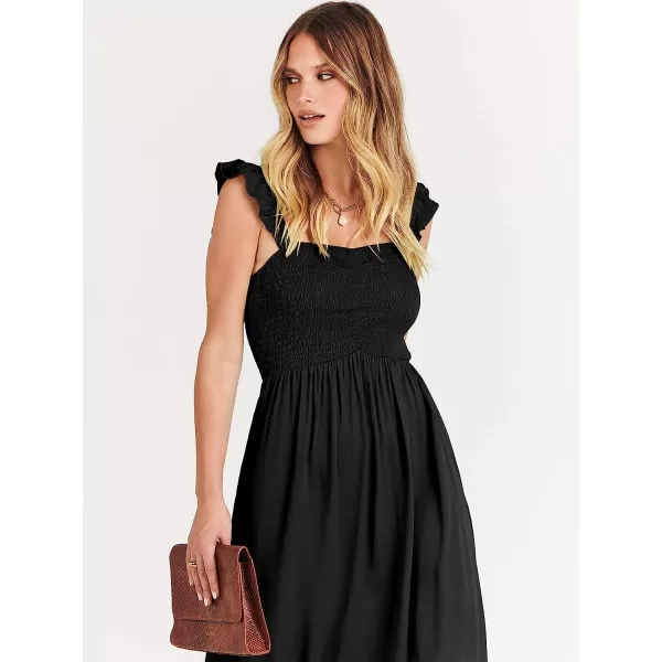 imageANRABESS Womens Summer Square Neck Strap Ruffle Sleeve Maxi Dress Smocked High Low Hem Flowy Beach Sundress with Pockets01black