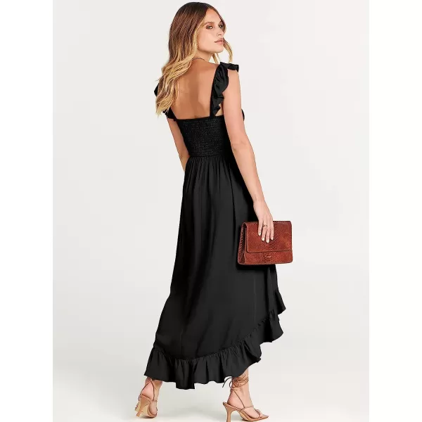 imageANRABESS Womens Summer Square Neck Strap Ruffle Sleeve Maxi Dress Smocked High Low Hem Flowy Beach Sundress with Pockets01black